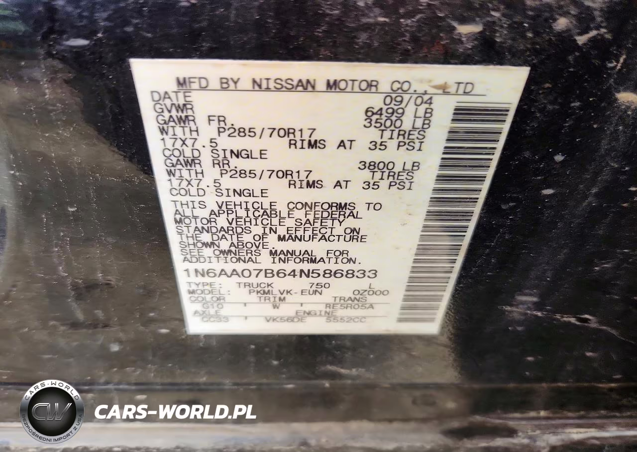 2004 Nissan Titan Xe VIN:1N6AA07B64N586833 - 12