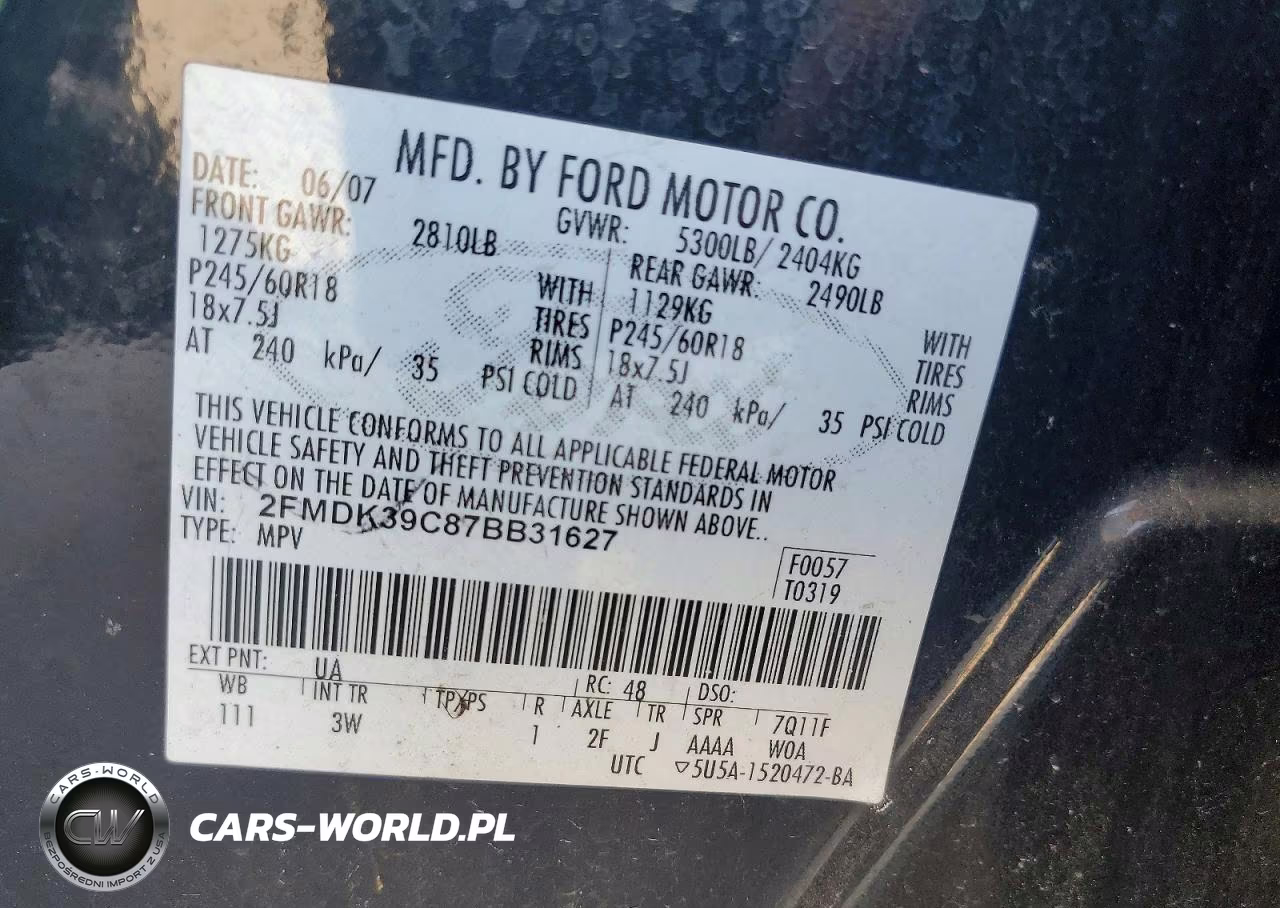 2007 Ford Edge Sel Plus VIN:2FMDK39C87BB31627 - 14