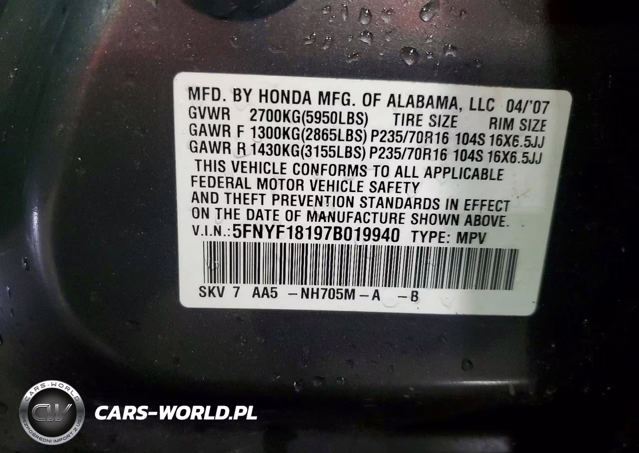 2007 Honda Pilot Lx VIN:5FNYF18197B019940 - 13