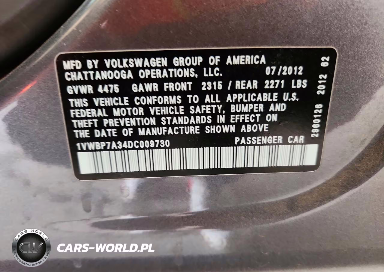 2013 Volkswagen Passat Se VIN:1VWBP7A34DC009730 - 12