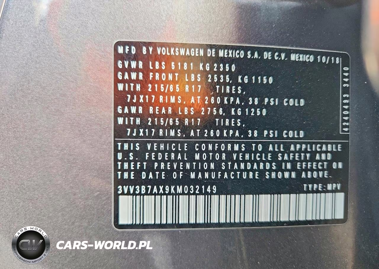 2019 Volkswagen Tiguan Se VIN:3VV3B7AX9KM032149 - 13