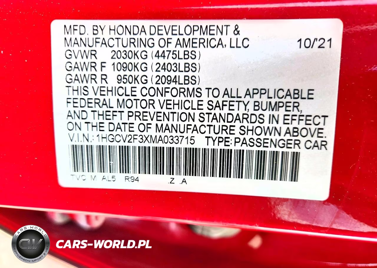 2021 Honda Accord Sport VIN:1HGCV2F3XMA033715 - 12