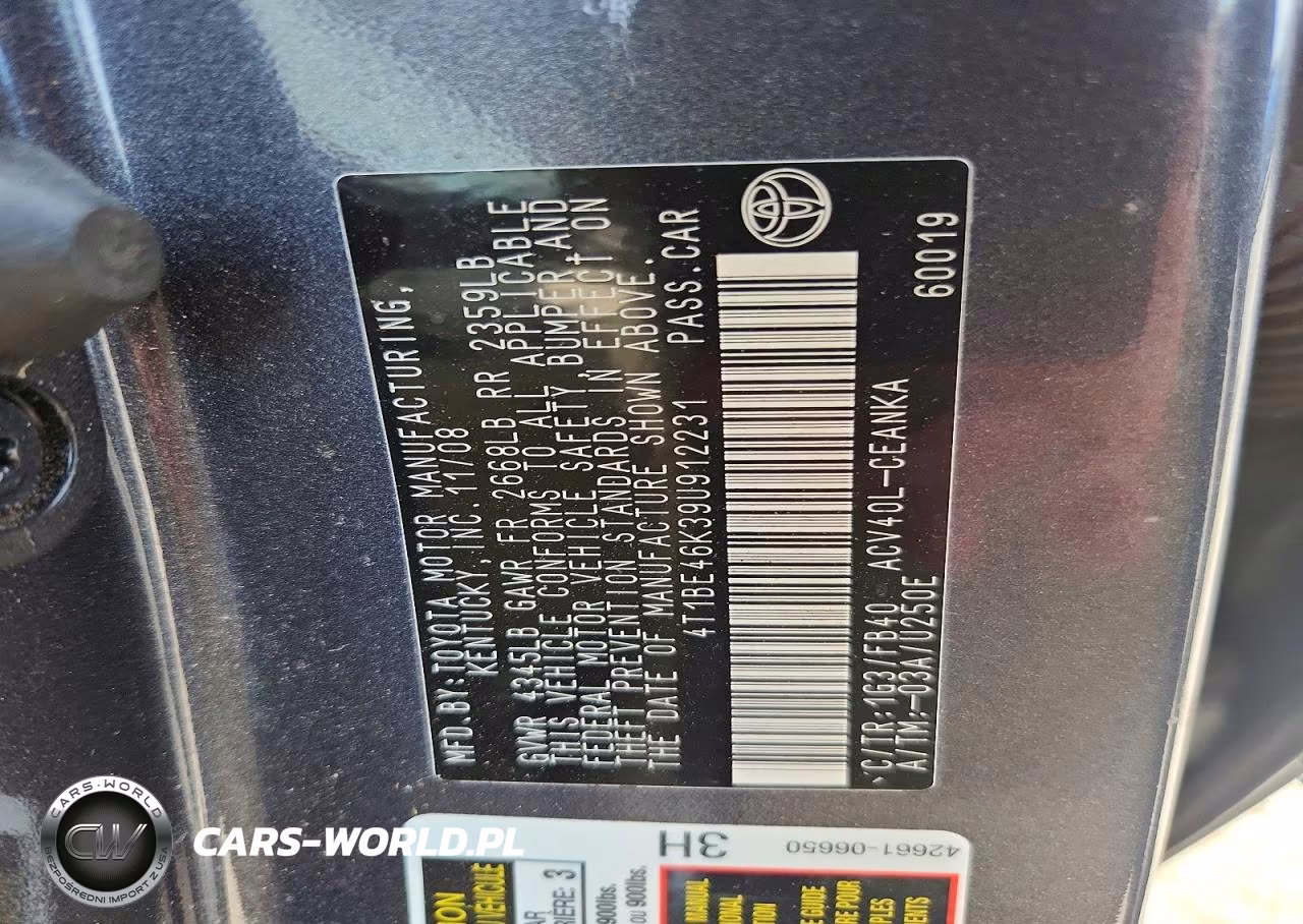 2009 Toyota Camry Le VIN:4T1BE46K39U912231 - 12