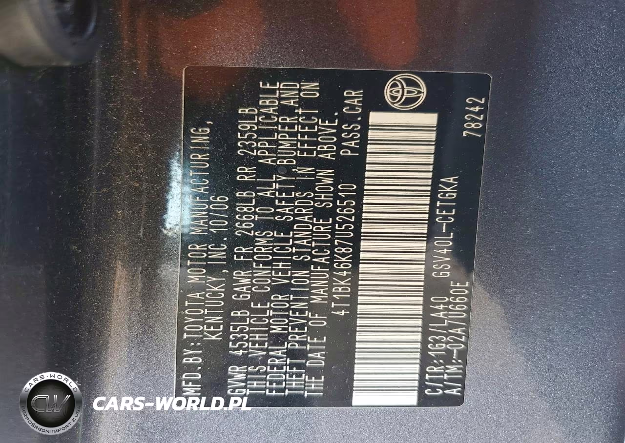 2007 Toyota Camry Xle V6 VIN:4T1BK46K87U526510 - 13