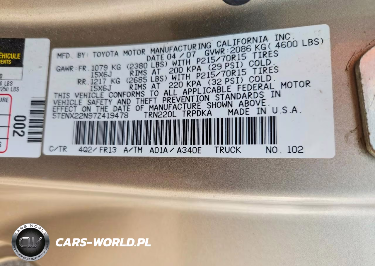 2007 Toyota Tacoma Base VIN:5TENX22N97Z419478 - 12