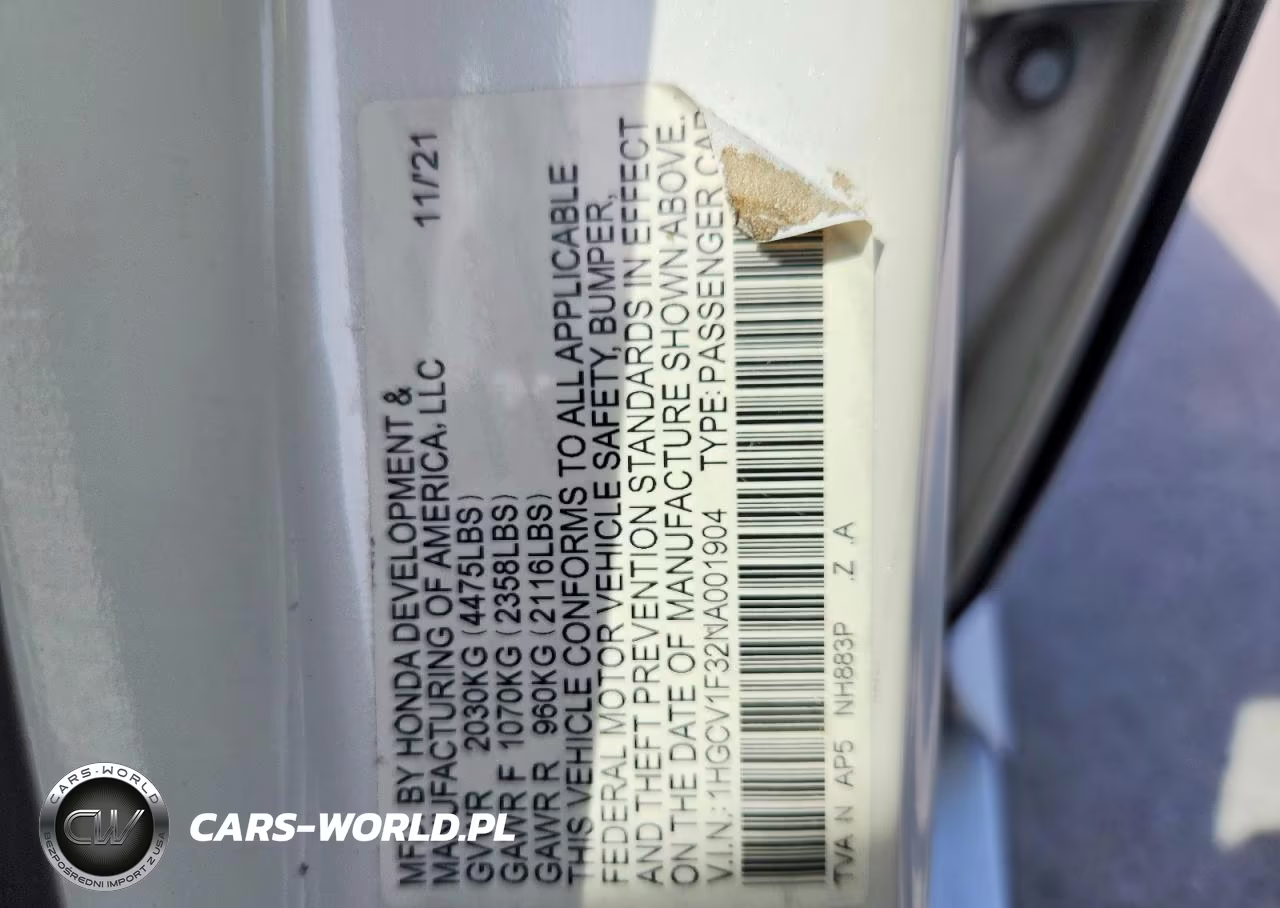 2022 Honda Accord Sport VIN:1HGCV1F32NA001904 - 12