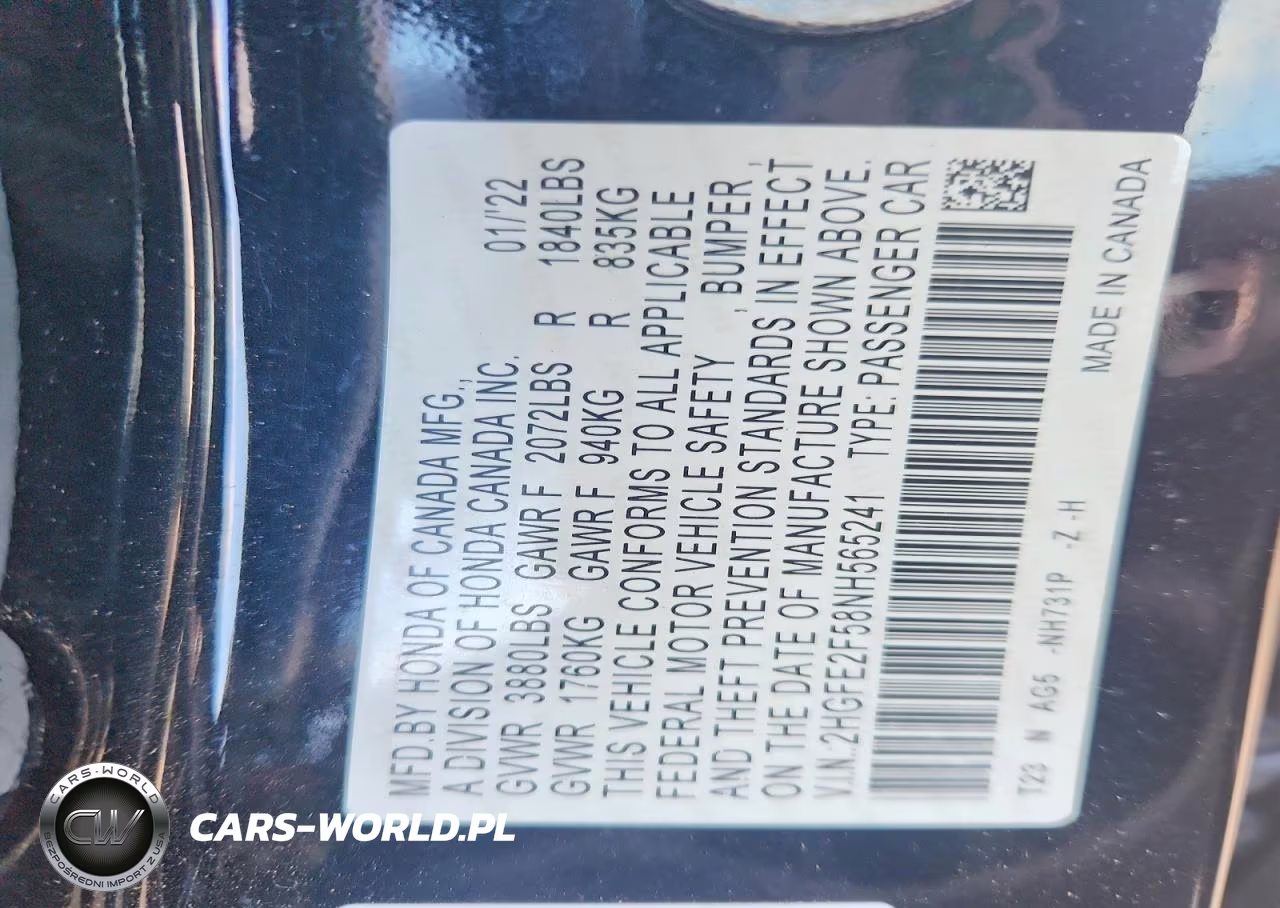 2022 Honda Civic Sport VIN:2HGFE2F58NH565241 - 12