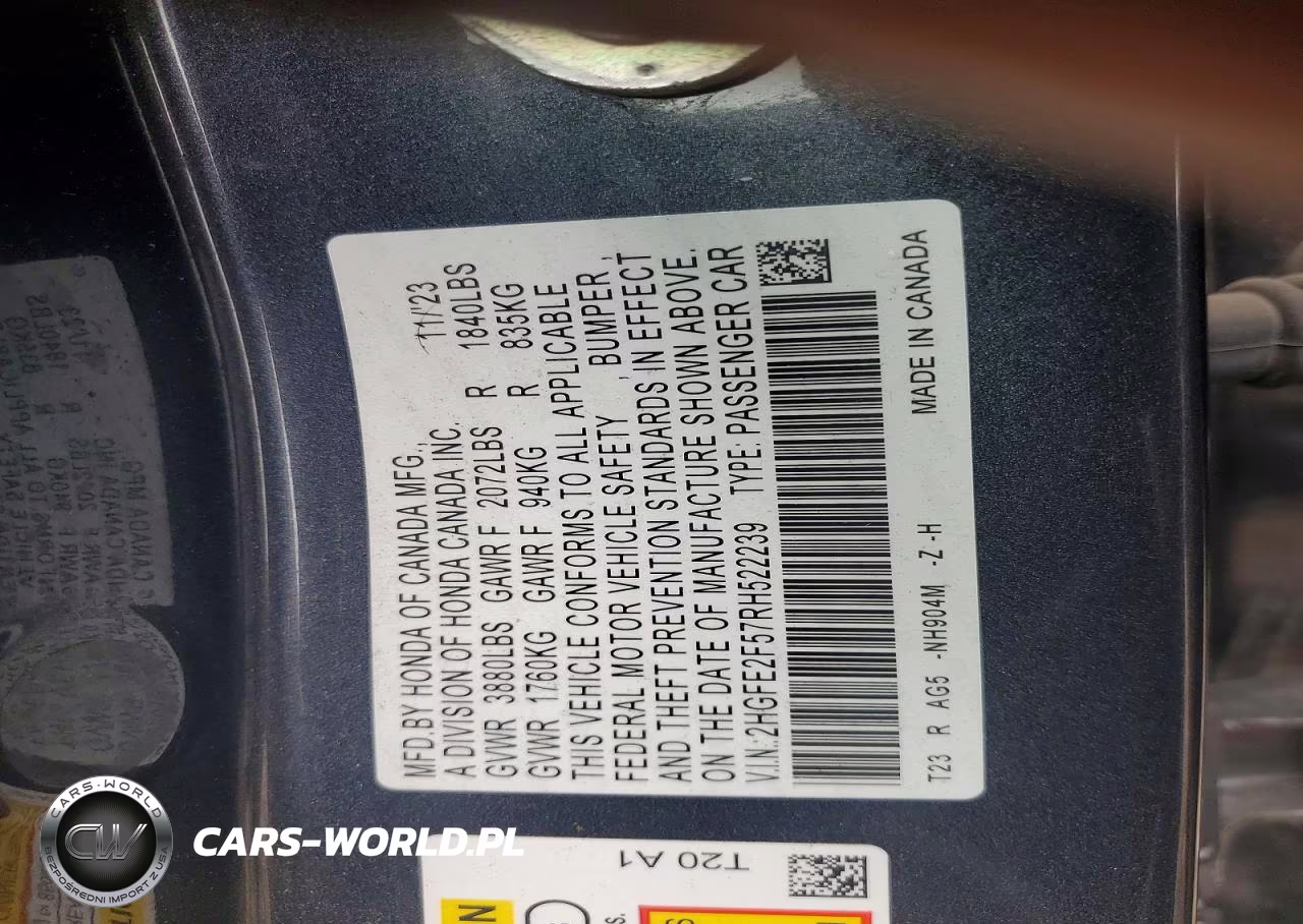 2024 Honda Civic Sport VIN:2HGFE2F57RH522239 - 12