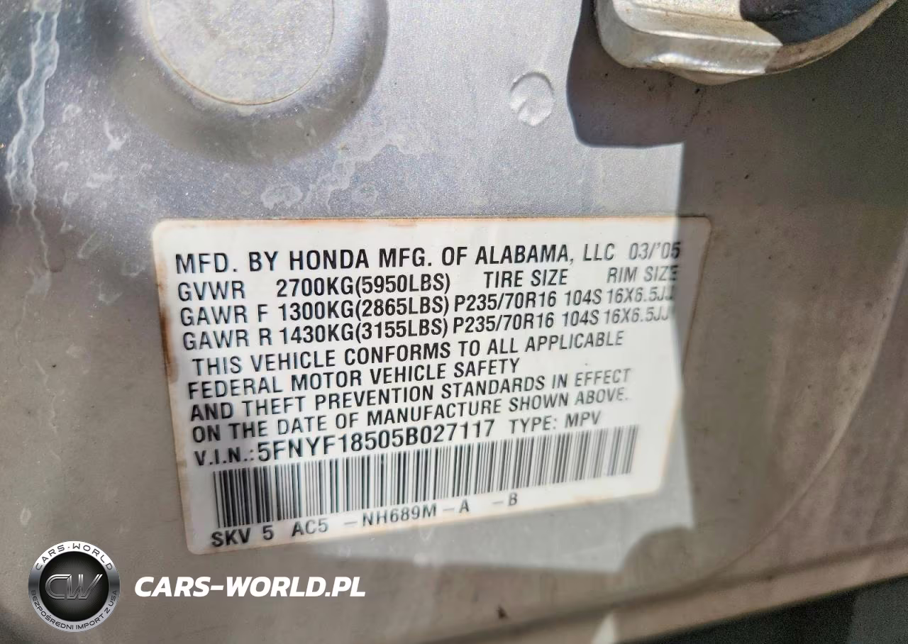 2005 Honda Pilot Exl VIN:5FNYF18505B027117 - 12