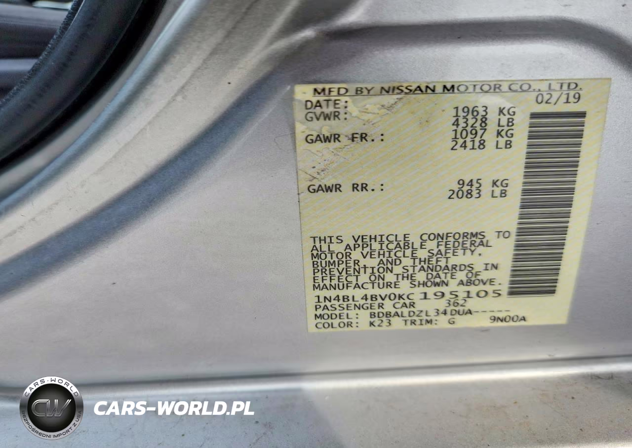2019 Nissan Altima S VIN:1N4BL4BV0KC195105 - 12