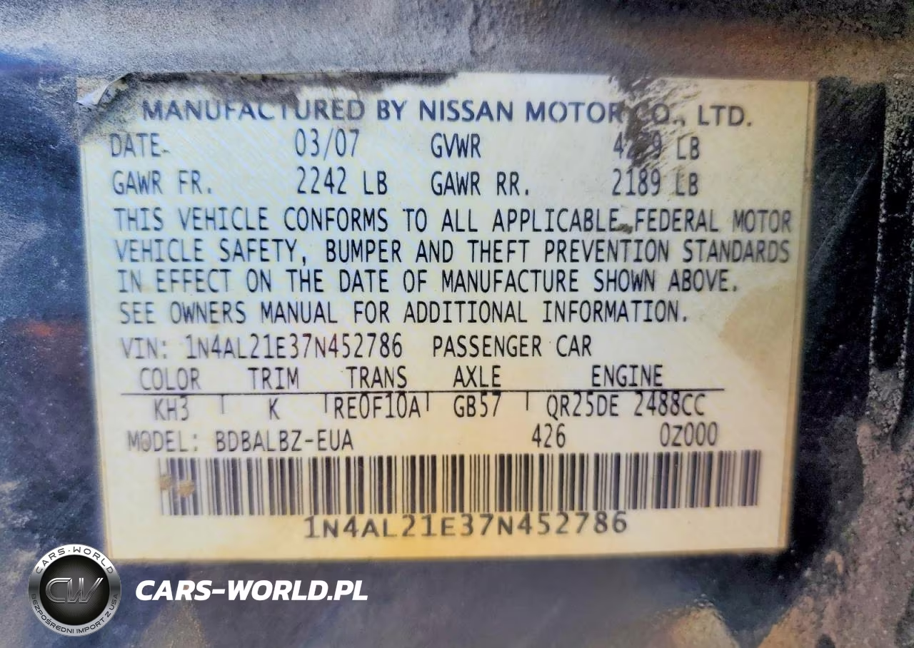 2007 Nissan Altima 2.5 VIN:1N4AL21E37N452786 - 12