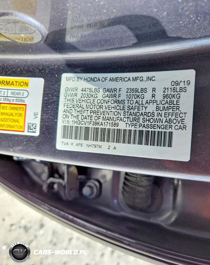 2019 Honda Accord Sport VIN:1HGCV1F39KA171589 - 12