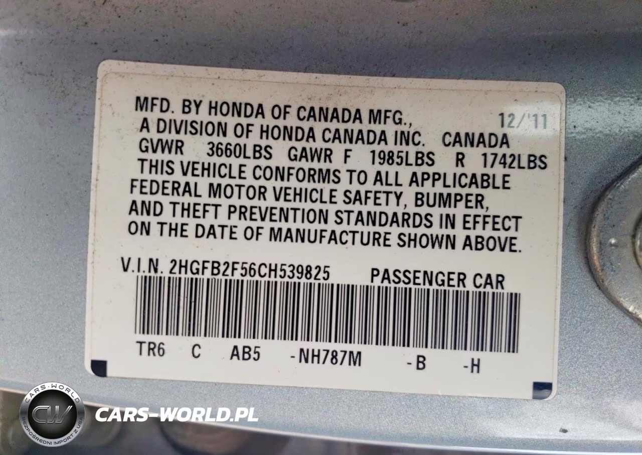 2012 Honda Civic Lx VIN:2HGFB2F56CH539825 - 12