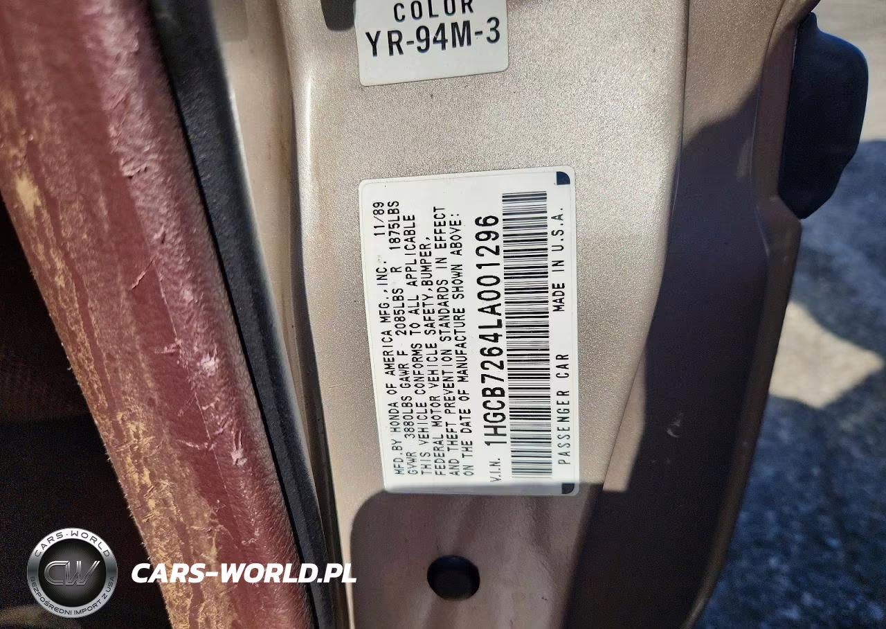 1990 Honda Accord Ex VIN:1HGCB7264LA001296 - 12