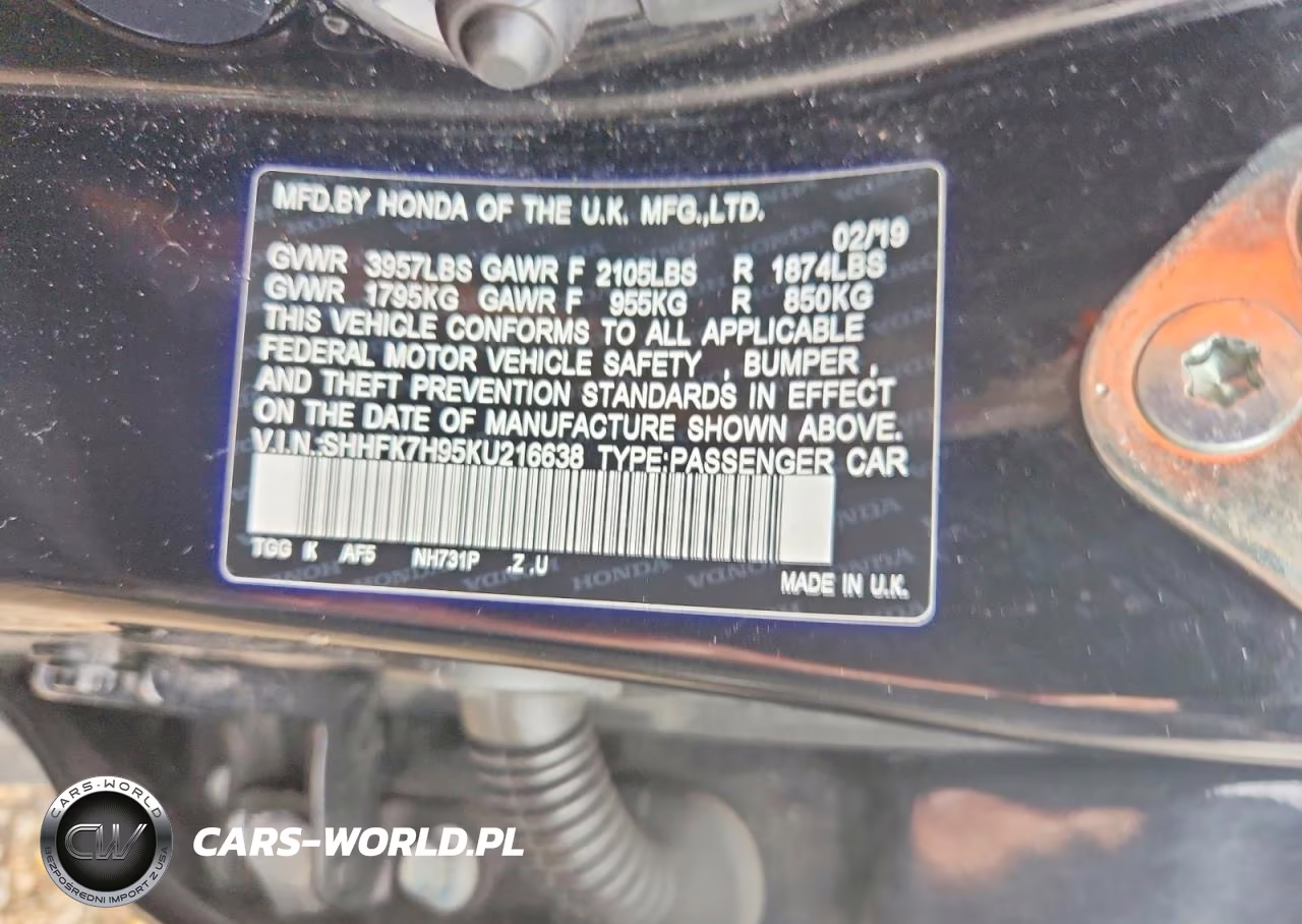 2019 Honda Civic Sport Touring VIN:SHHFK7H95KU216638 - 12