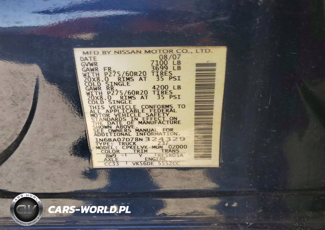 2008 Nissan Titan Xe Ffv VIN:1N6BA07D78N324329 - 12