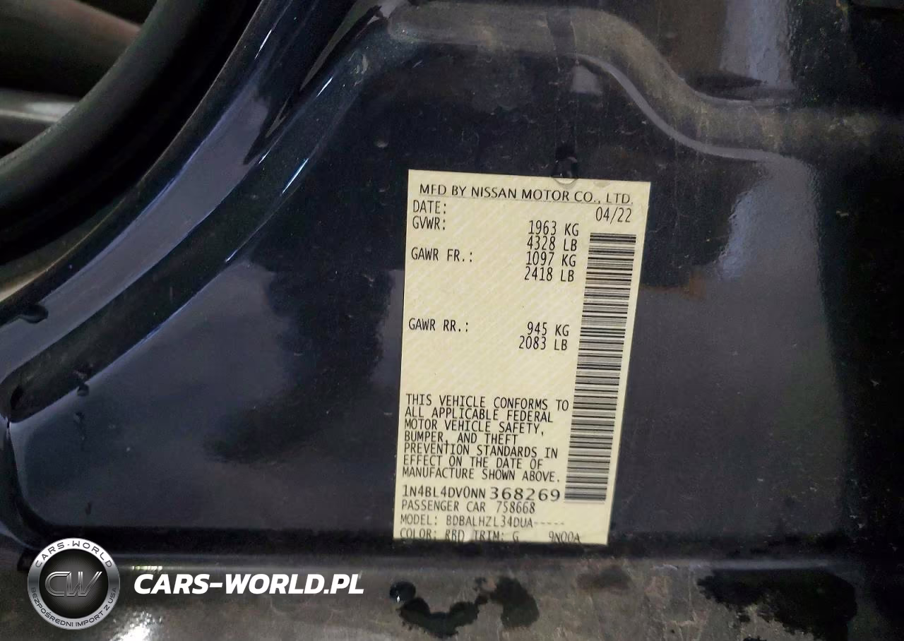 2022 Nissan Altima Sv VIN:1N4BL4DV0NN368269 - 12