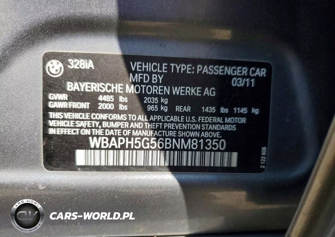 2011 BMW 328I VIN:WBAPH5G56BNM81350 - 12