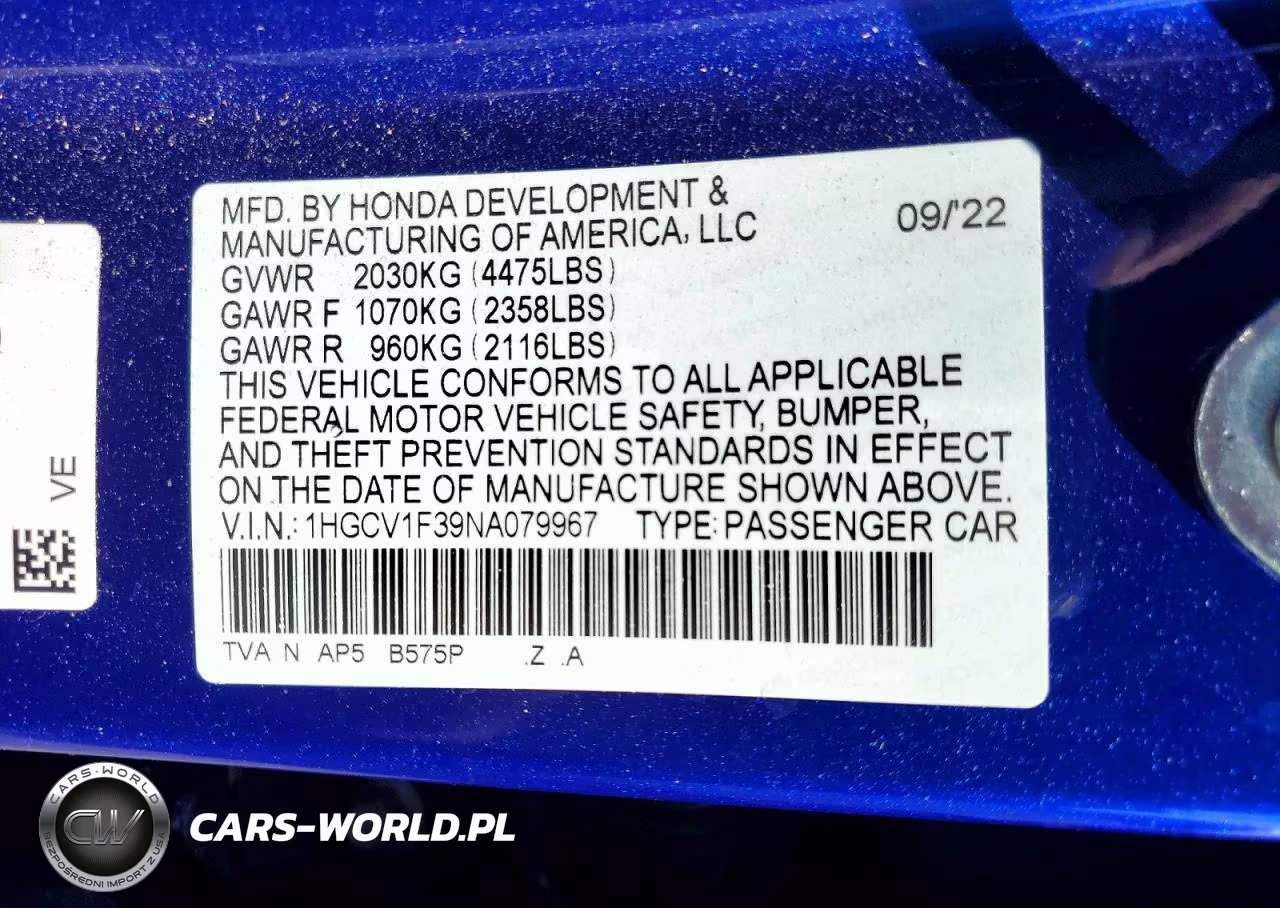 2022 Honda Accord Sport VIN:1HGCV1F39NA079967 - 12