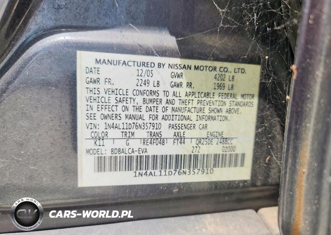 2006 Nissan Altima 2.5 VIN:1N4AL11D76N357910 - 12