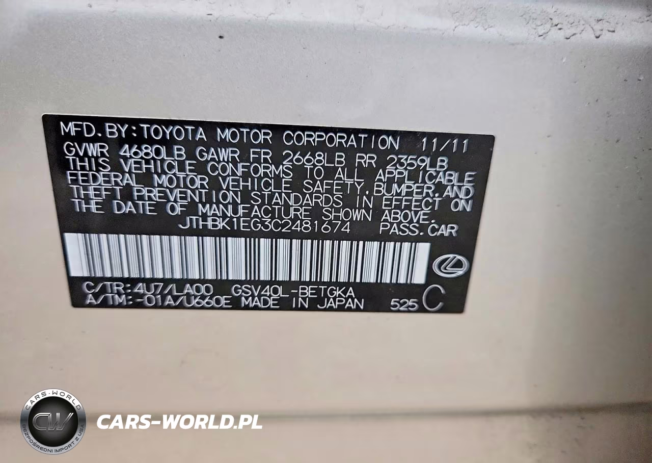 2012 Lexus Es 350 VIN:JTHBK1EG3C2481674 - 12