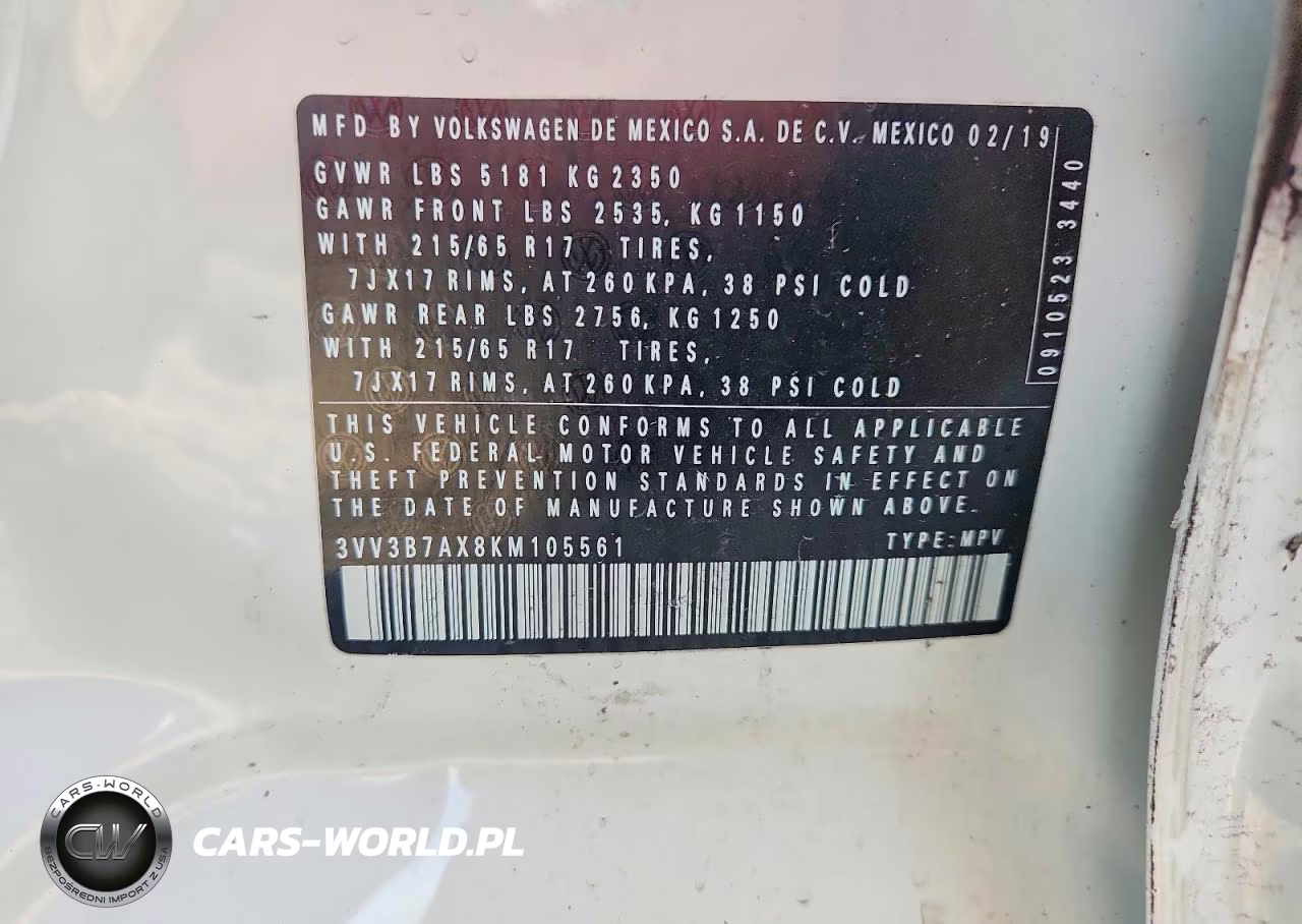 2019 Volkswagen Tiguan Se VIN:3VV3B7AX8KM105561 - 13