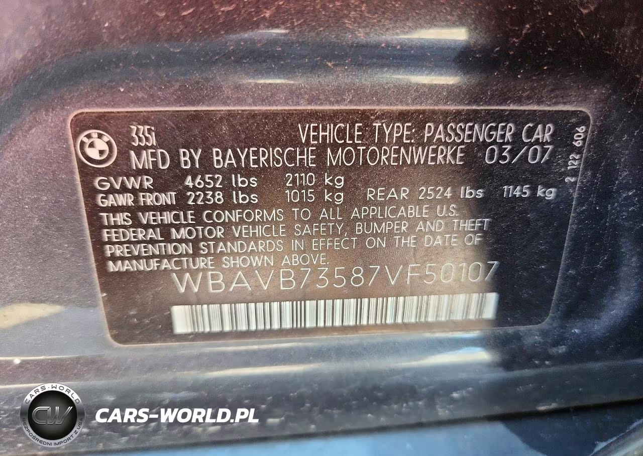 2007 BMW 335 I VIN:WBAVB73587VF50107 - 12