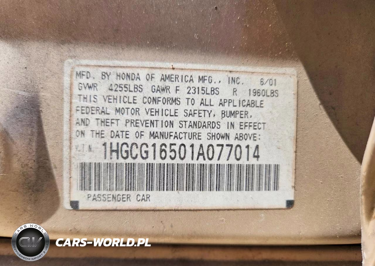 2001 Honda Accord Ex VIN:1HGCG16501A077014 - 12