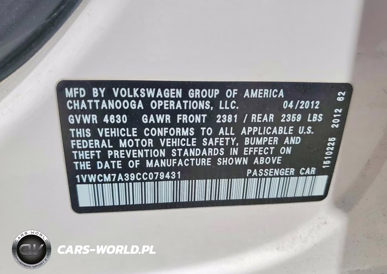 2012 Volkswagen Passat Sel VIN:1VWCM7A39CC079431 - 12