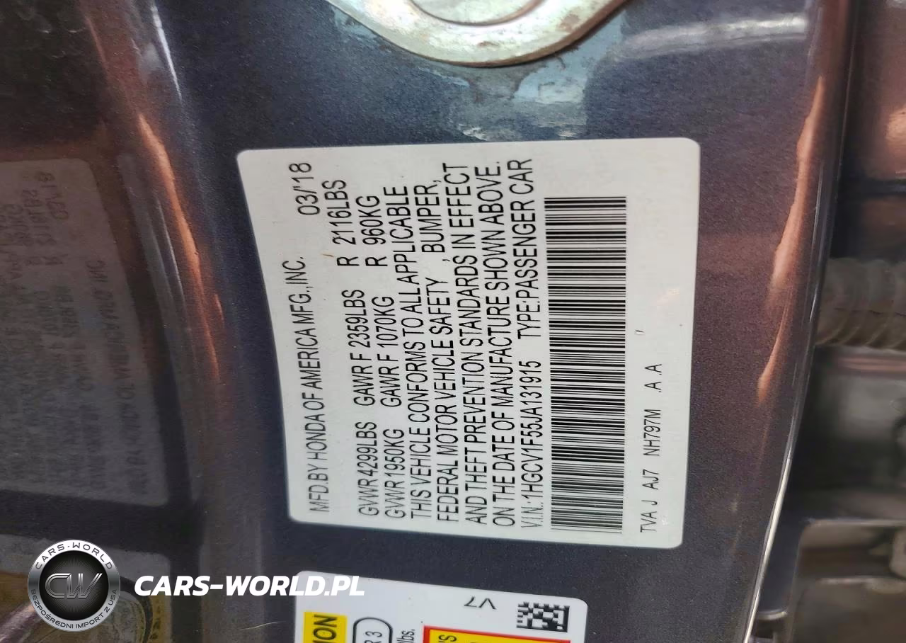 2018 Honda Accord Exl VIN:1HGCV1F55JA131915 - 12