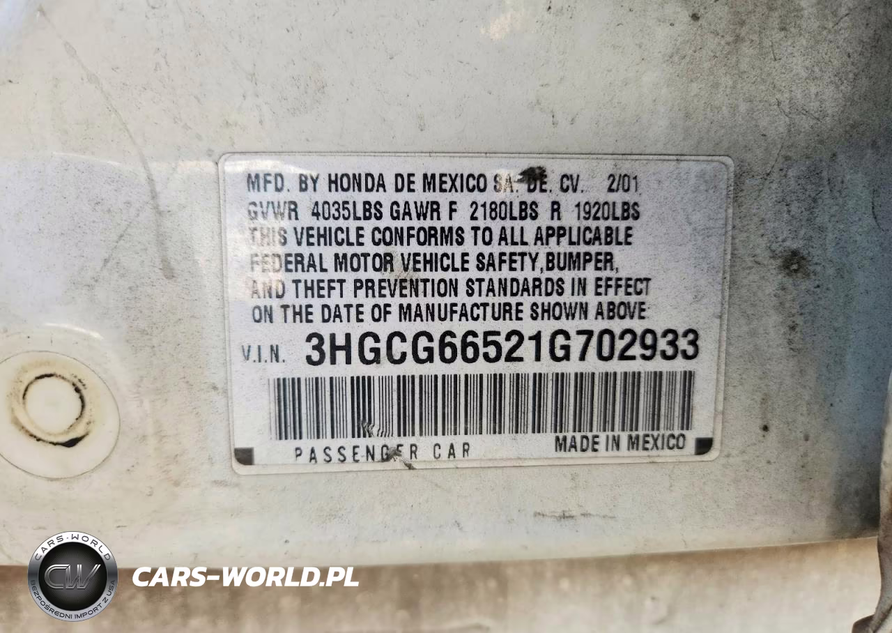 2001 Honda Accord Lx VIN:3HGCG66521G702933 - 12