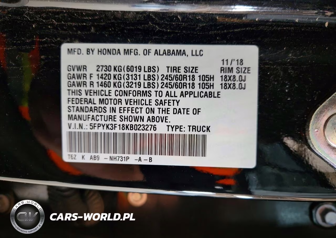 2019 Honda Ridgeline Sport VIN:5FPYK3F18KB023276 - 12
