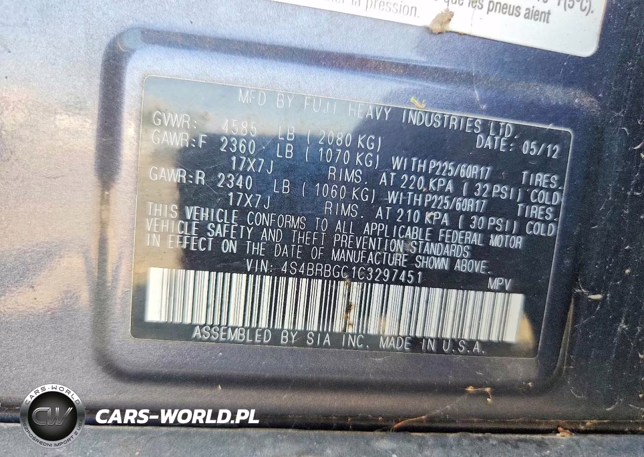 2012 Subaru Outback 2.5I Premium VIN:4S4BRBGC1C3297451 - 13