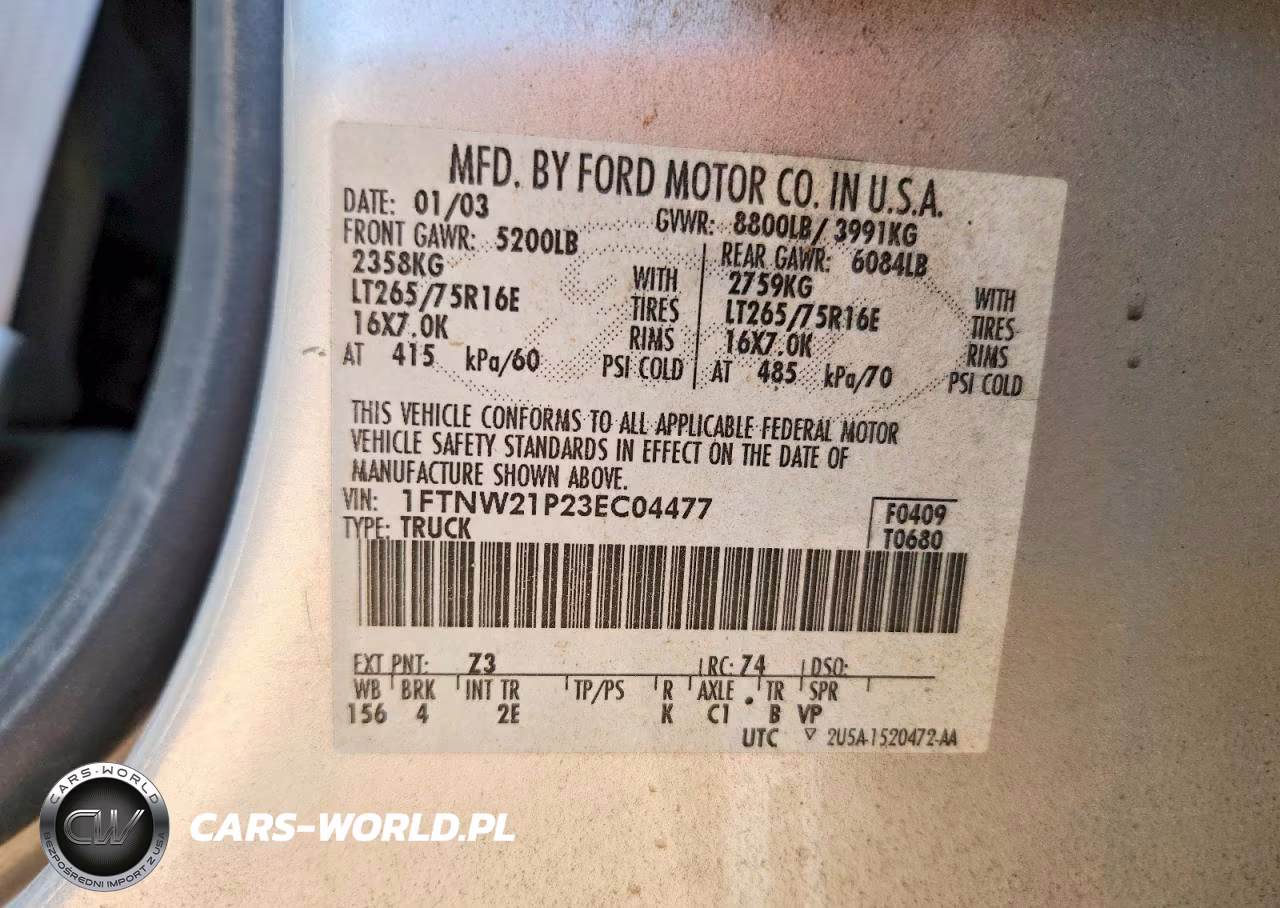 2003 Ford F250 Super Duty VIN:1FTNW21P23EC04477 - 12