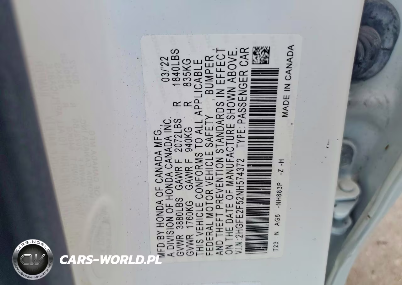 2022 Honda Civic Sport VIN:2HGFE2F52NH574372 - 12