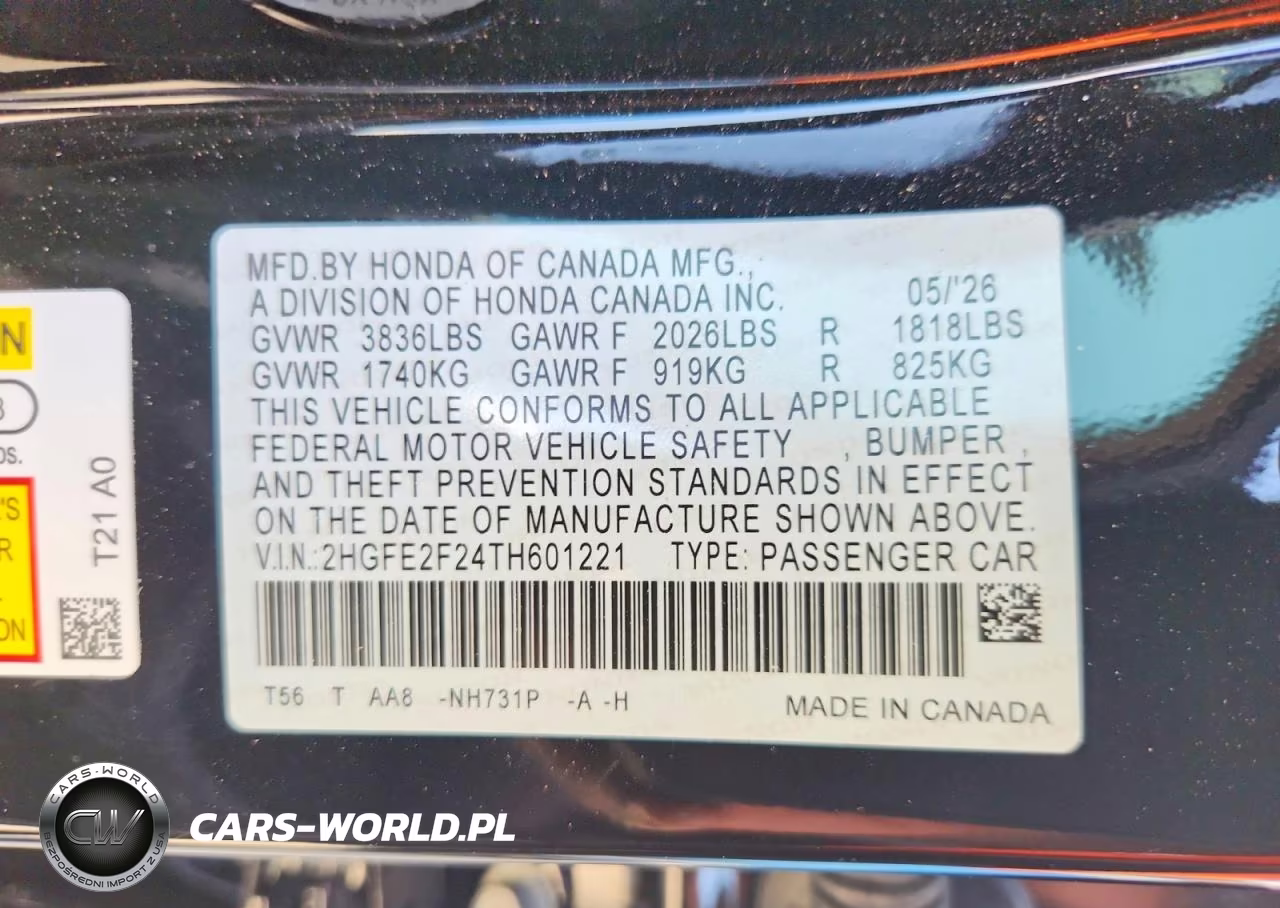 2026 Honda Civic Lx VIN:2HGFE2F24TH601221 - 12