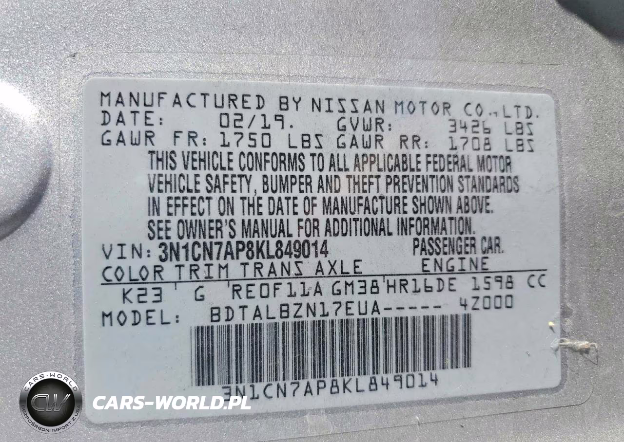 2019 Nissan Versa Sv VIN:3N1CN7AP8KL849014 - 13
