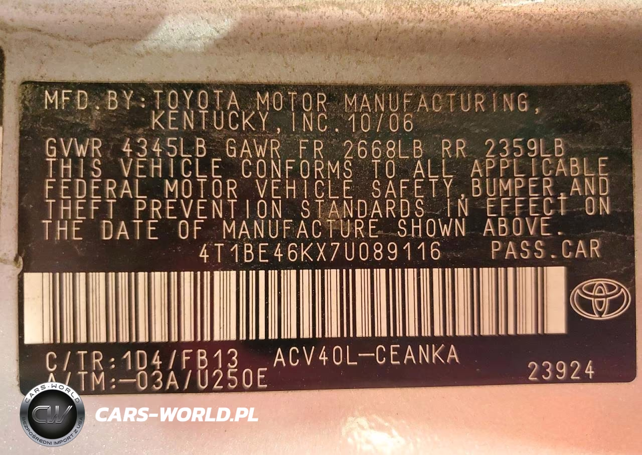 2007 Toyota Camry Le VIN:4T1BE46KX7U089116 - 12