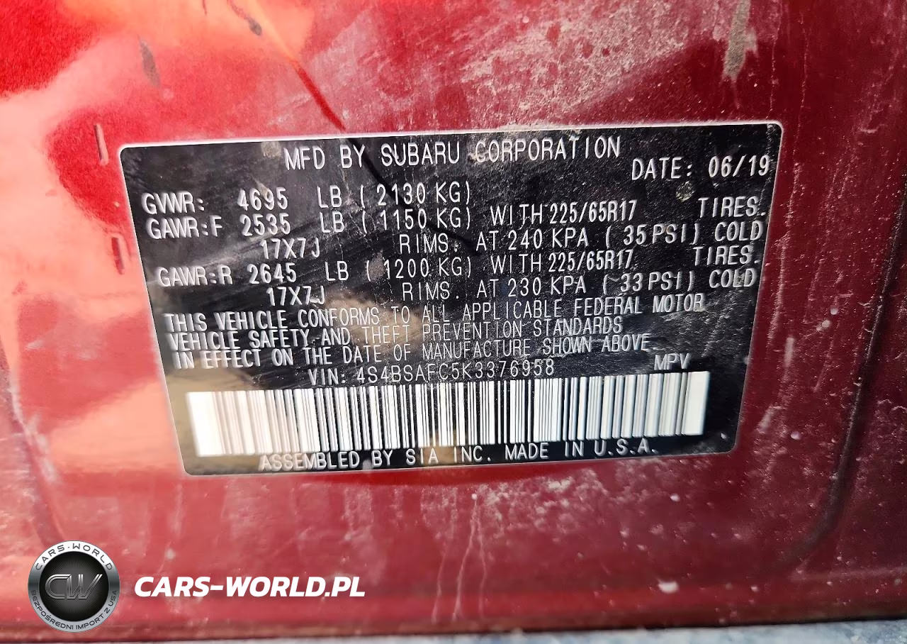 2019 Subaru Outback 2.5I Premium VIN:4S4BSAFC5K3376958 - 14