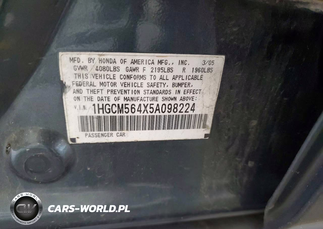 2005 Honda Accord Lx VIN:1HGCM564X5A098224 - 12