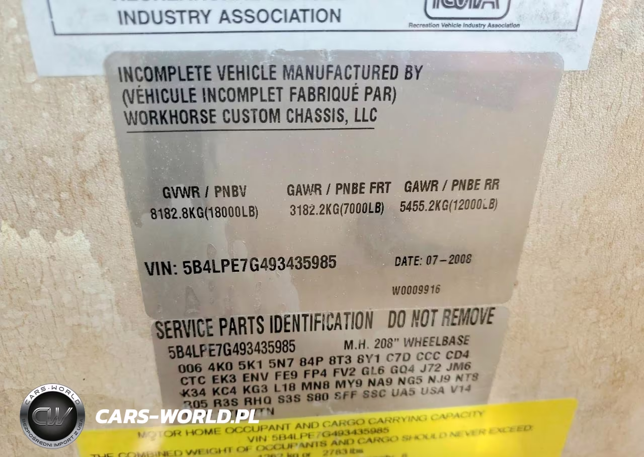 2009 Workhorse W18 Recreational Vehicle VIN:5B4LPE7G493435985 - 10