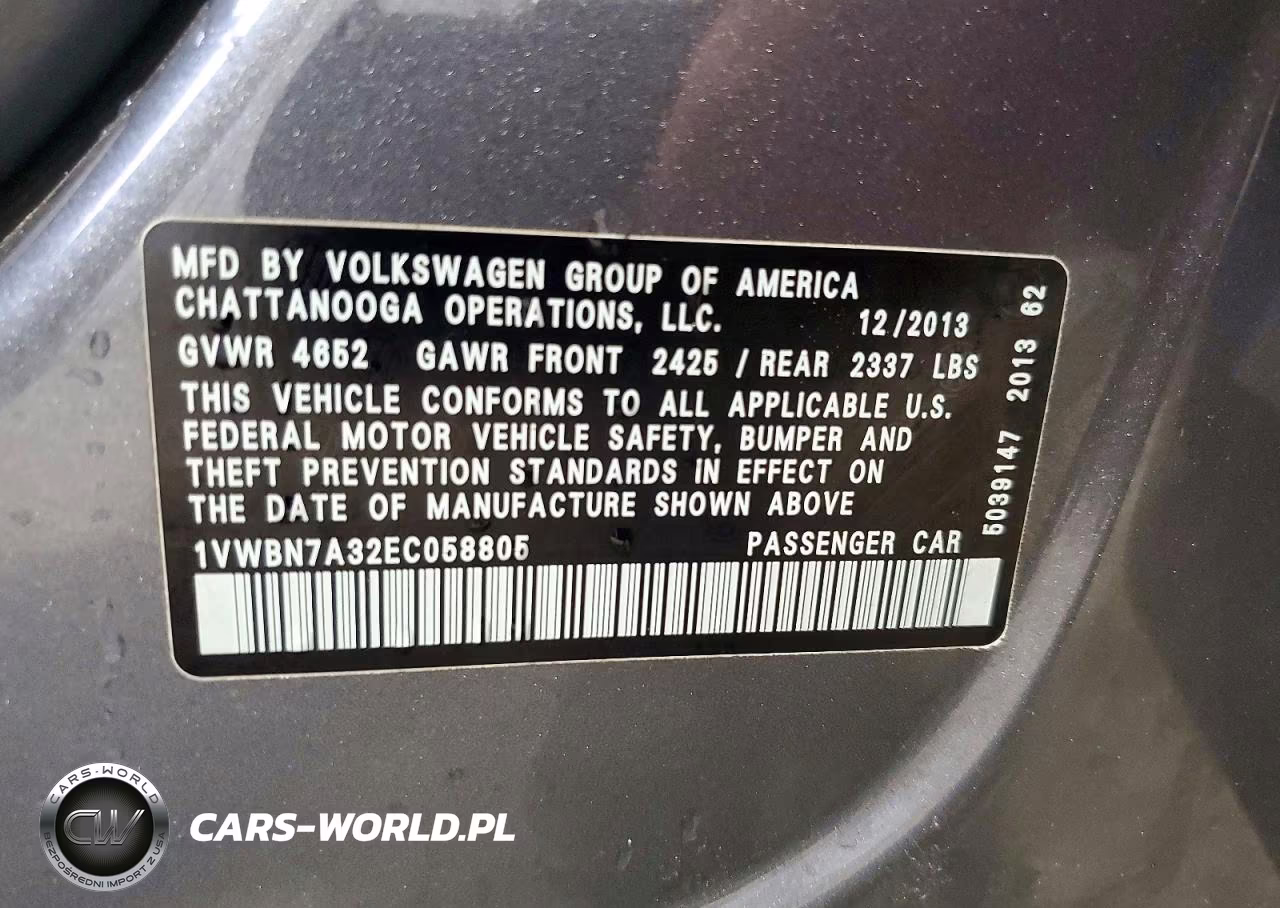 2014 Volkswagen Passat Se VIN:1VWBN7A32EC058805 - 12