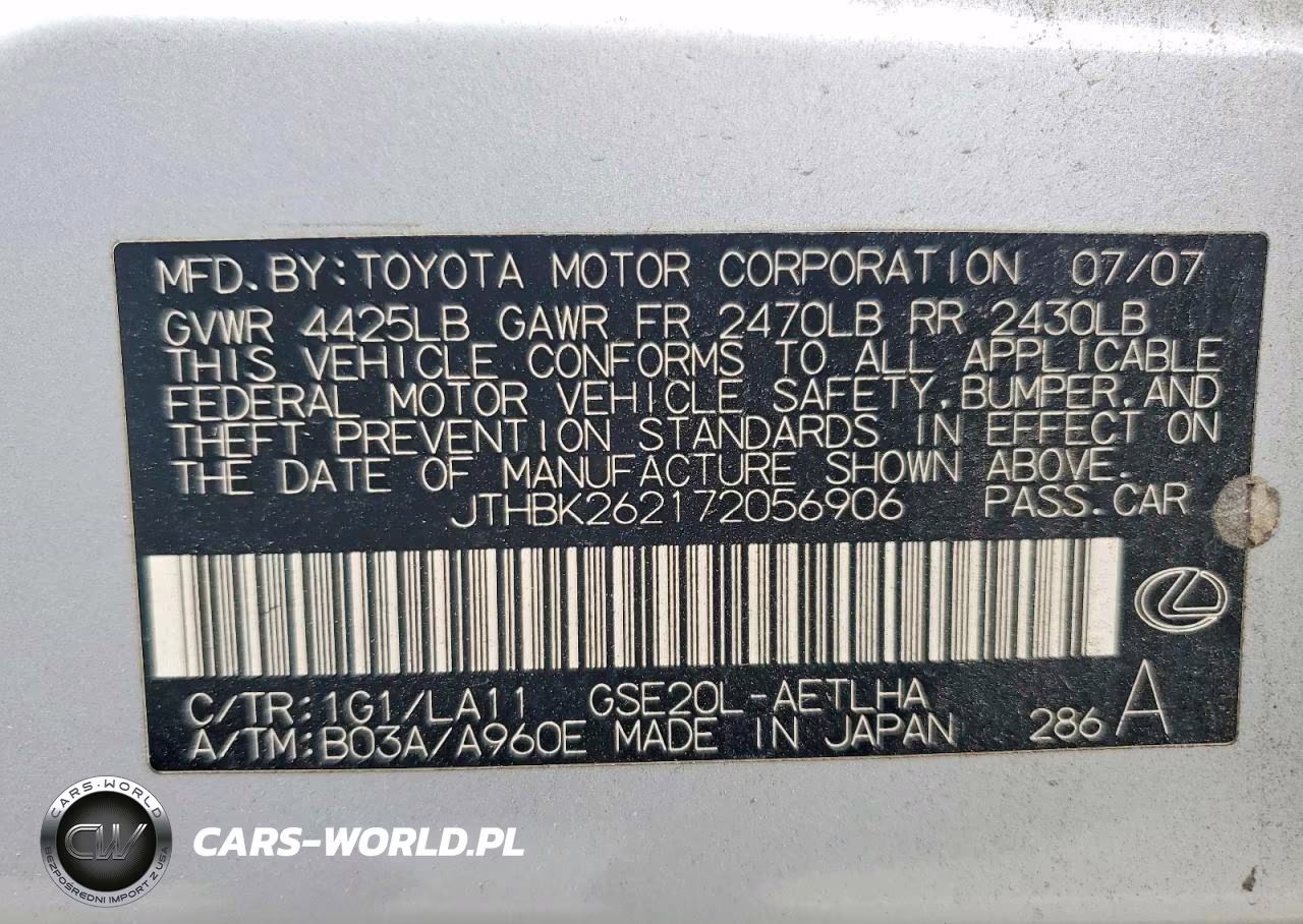 2007 Lexus Is 250 Base VIN:JTHBK262172056906 - 13