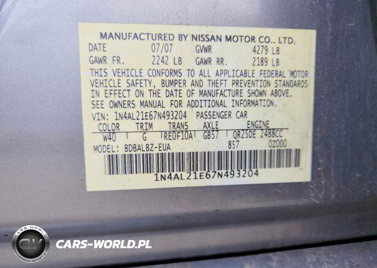 2007 Nissan Altima 2.5 VIN:1N4AL21E67N493204 - 12
