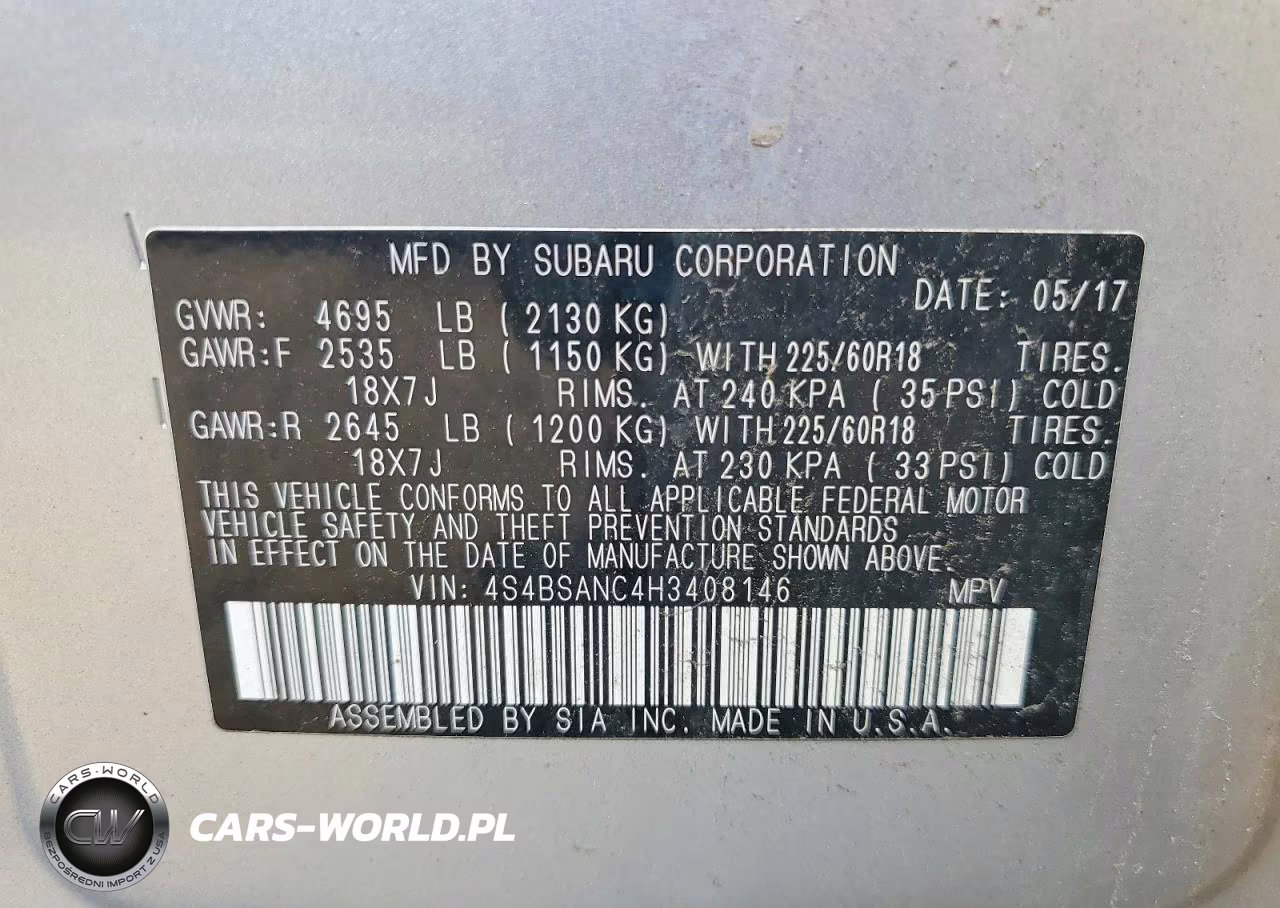 2017 Subaru Outback 2.5I Limited VIN:4S4BSANC4H3408146 - 14