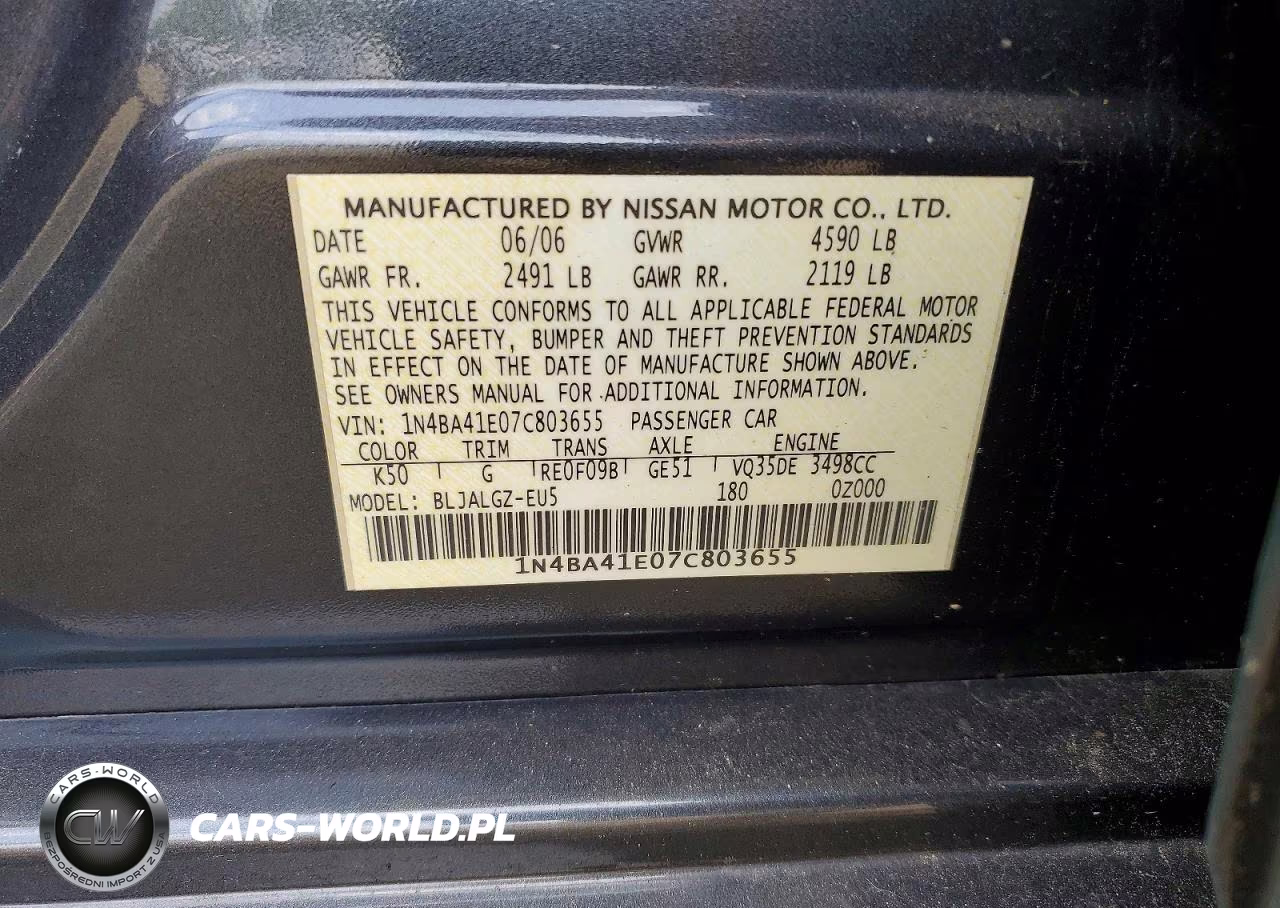 2007 Nissan Maxima 3.5 Se VIN:1N4BA41E07C803655 - 12