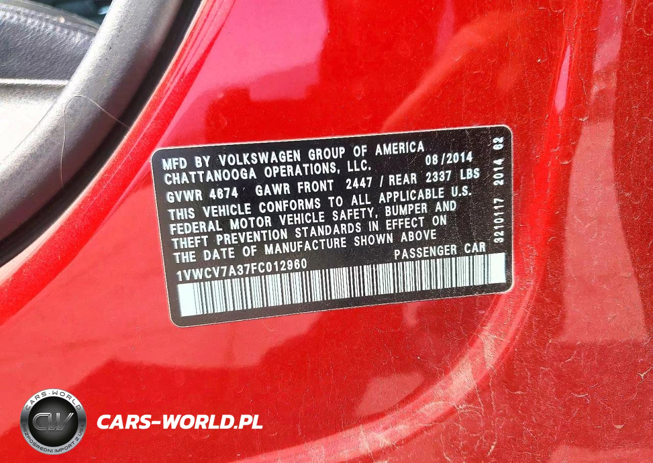 2015 Volkswagen Passat Sel VIN:1VWCV7A37FC012960 - 12