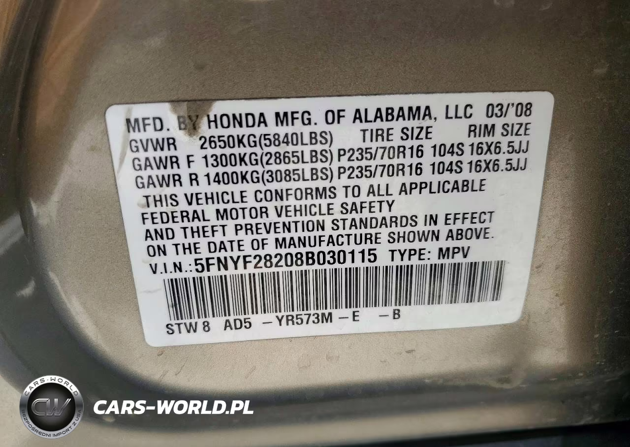 2008 Honda Pilot Vp VIN:5FNYF28208B030115 - 13
