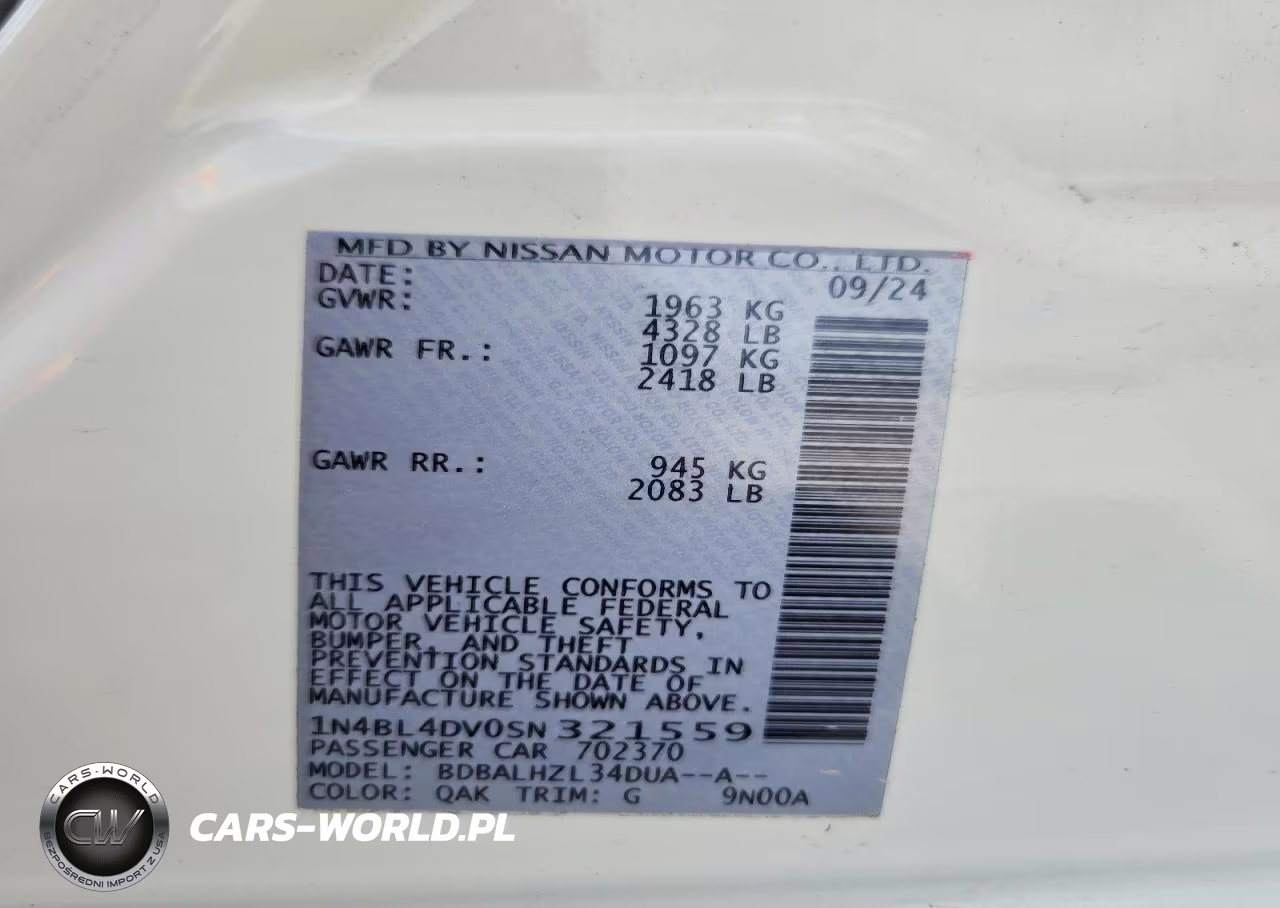 2025 Nissan Altima Sv VIN:1N4BL4DV0SN321559 - 12