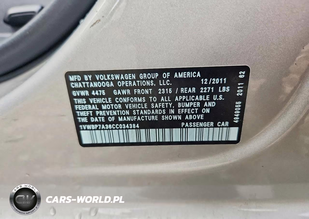 2012 Volkswagen Passat Se VIN:1VWBP7A36CC034384 - 12